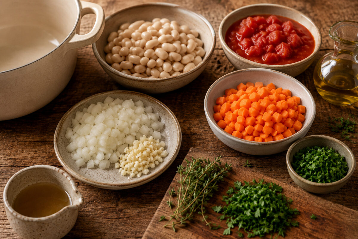 Zutaten- und Vorbereitungsansicht mit weißen Bohnen, Tomaten, Zwiebel, Knoblauch, Möhre, Kräutern, Olivenöl und Brühe.
