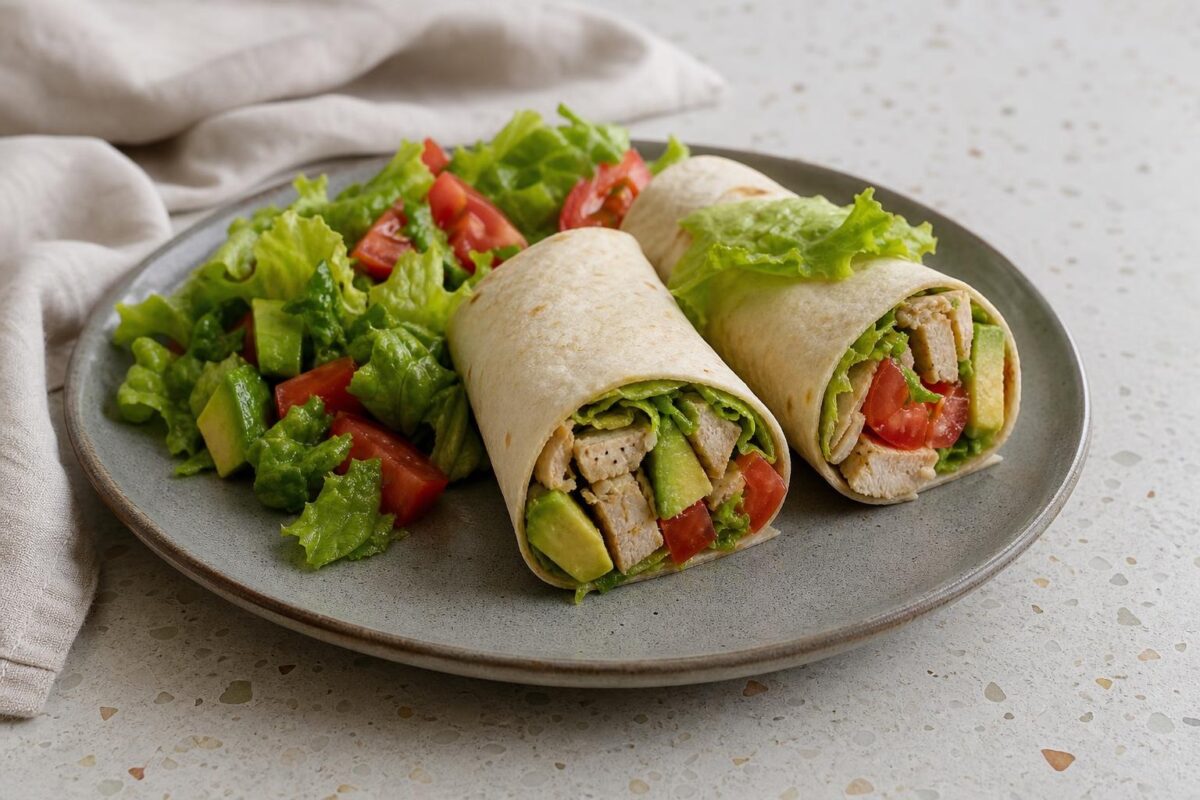 Fertiges Gericht aus einer alternativen Perspektive. Rezept: Wraps mit Hähnchen, Salat und Avocado