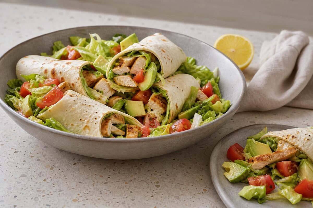 Servierszene mit dem fertigen Gericht. Rezept: Wraps mit Hähnchen, Salat und Avocado