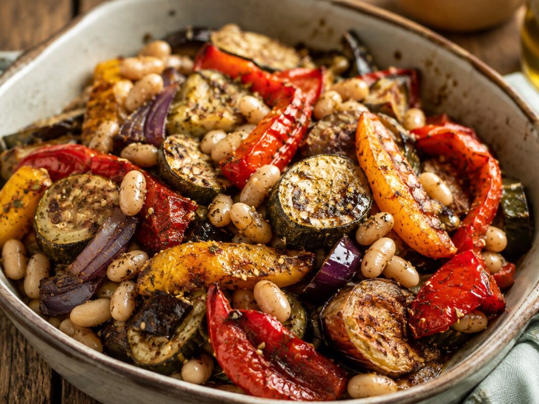 Große rustikale Ofenform mit gerösteter Aubergine, Zucchini, Paprika, Zwiebeln, orangefarbenem Gemüse und weißen Bohnen.