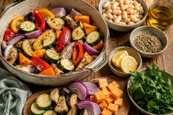 Zutaten- und Vorbereitungsansicht mit Aubergine, Zucchini, Paprika, roter Zwiebel, orangefarbenem Gemüse, weißen Bohnen, Za’atar, Zitrone, Petersilie und Olivenöl auf rustikalem Holztisch.
