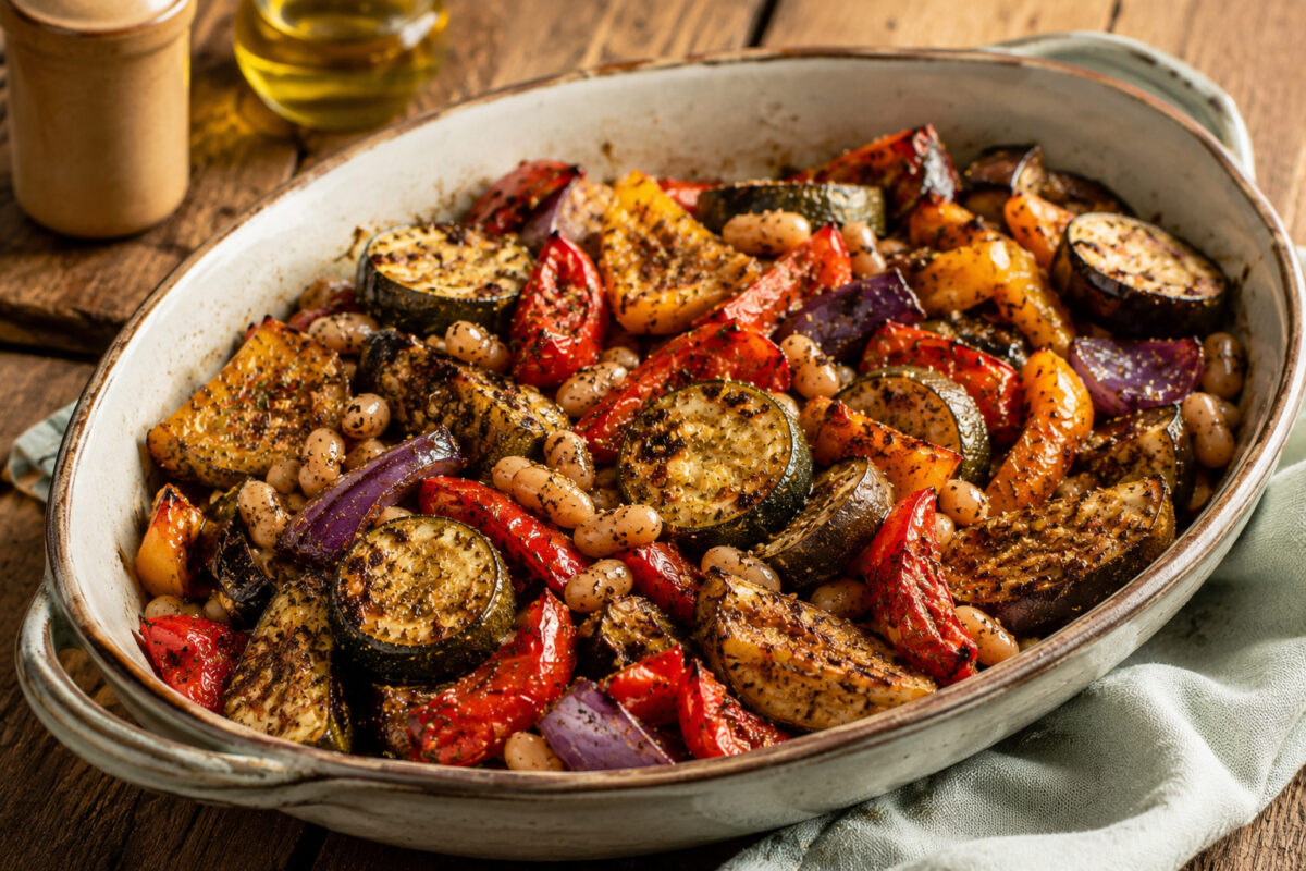 Fertiges Za’atar-Ofengemüse mit weißen Bohnen in einer großen rustikalen Keramikform aus deutlich anderer Perspektive als Bild 1.