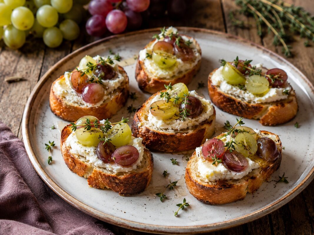 Mehrere Crostini auf großer Platte, belegt mit Ziegenkäse, roten und grünen Trauben sowie Thymian.