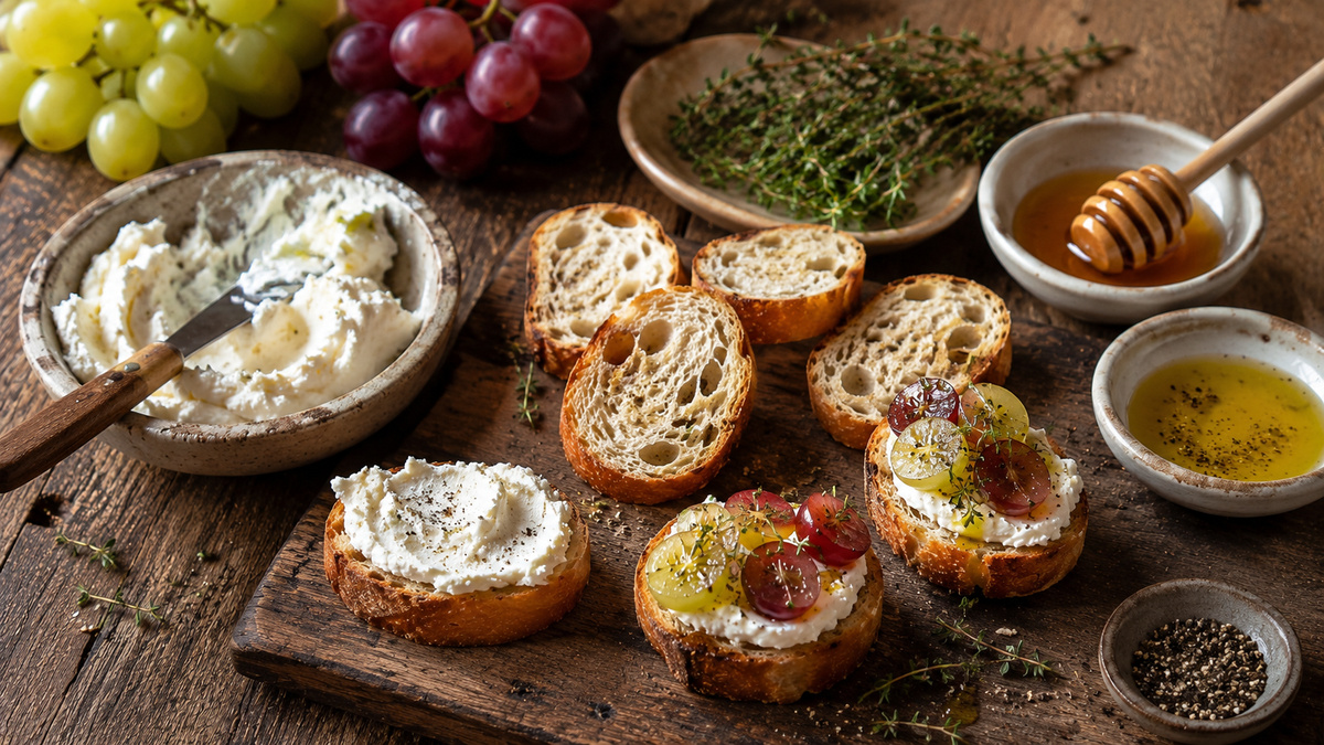 Zutaten- und Vorbereitungsansicht mit Baguette, Ziegenfrischkäse, roten und grünen Trauben, Honig, Olivenöl und Thymian.