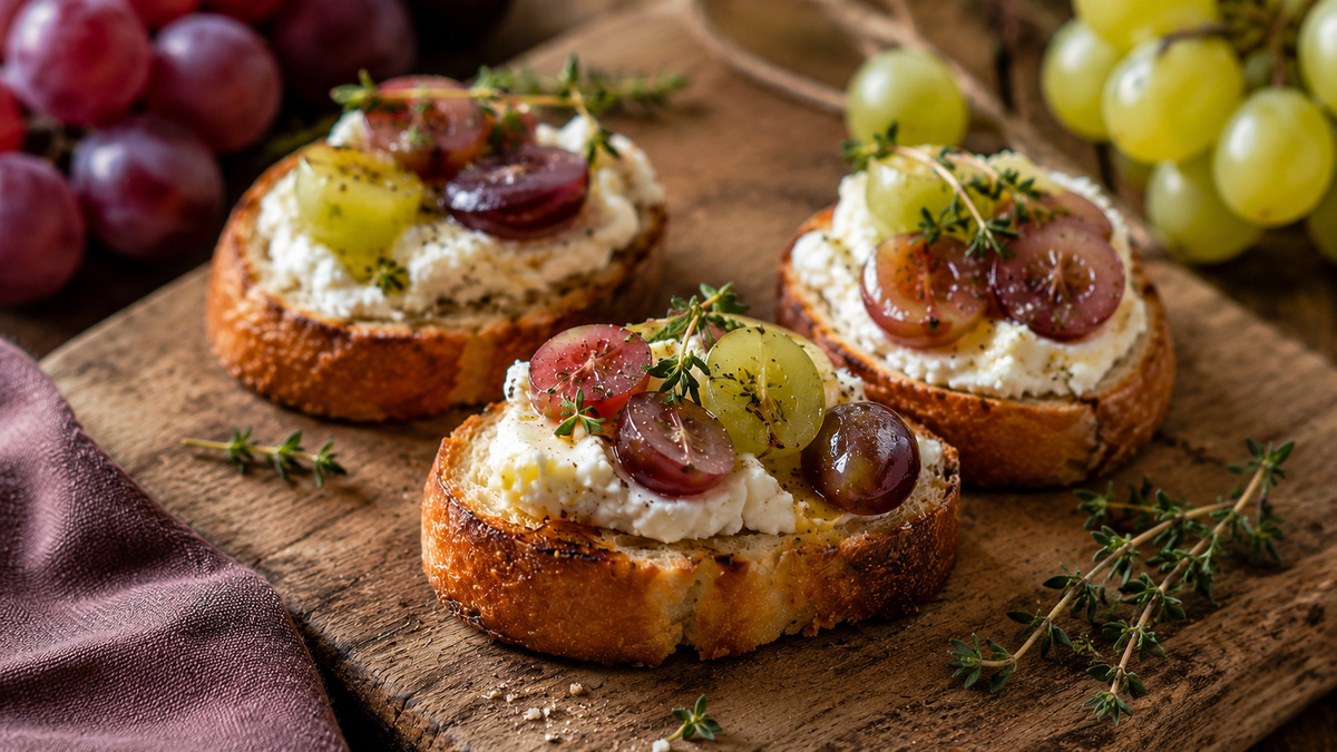 Nahe Servieransicht der fertigen Ziegenkäse-Crostini mit Trauben und Thymian.