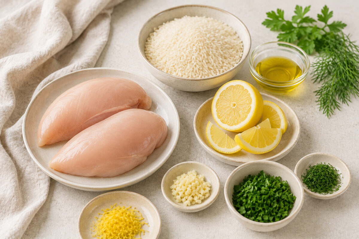Zutaten- und Vorbereitungsansicht mit Hähnchenbrust, Langkornreis, Zitrone, Knoblauch, Olivenöl und frischen Kräutern.