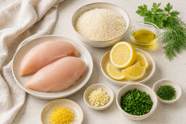 Zutaten- und Vorbereitungsansicht mit Hähnchenbrust, Langkornreis, Zitrone, Knoblauch, Olivenöl und frischen Kräutern.