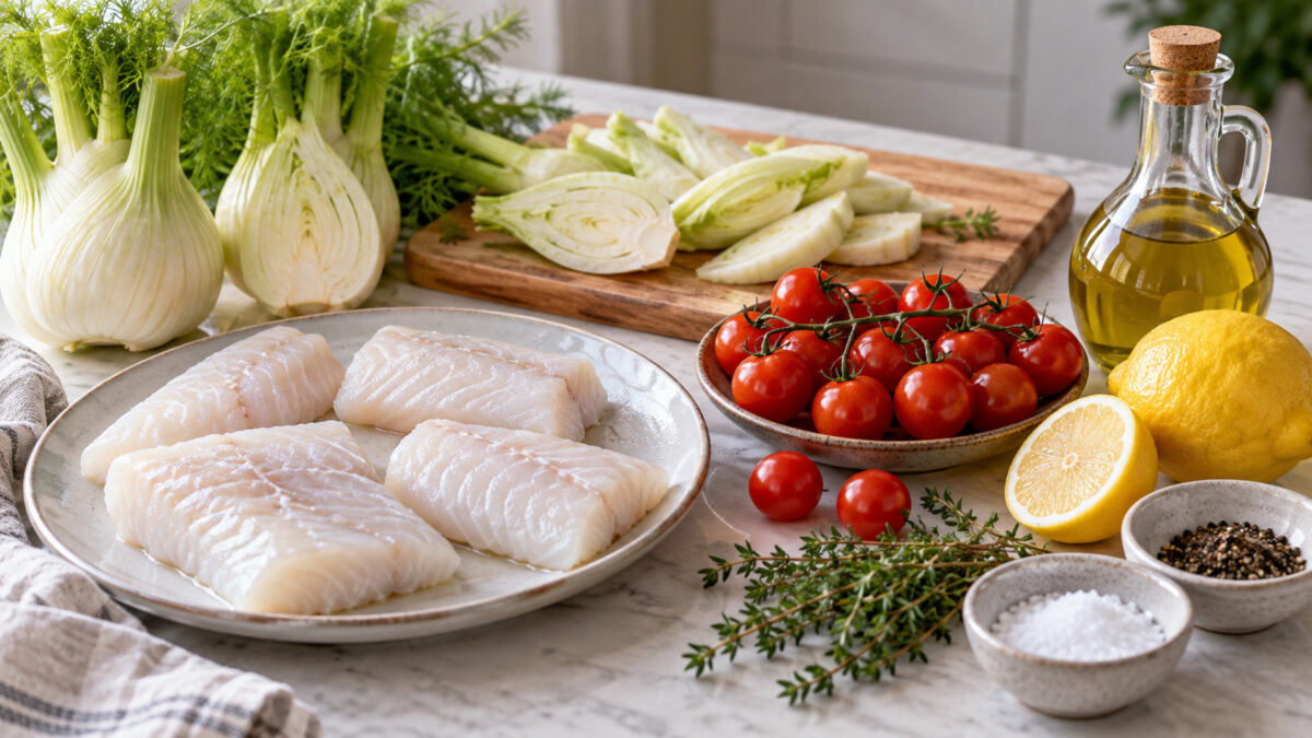 Zitronen-Kabeljaustücke vom Blech mit Fenchel und Kirschtomaten