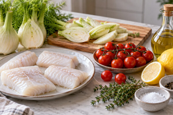 Zitronen-Kabeljaustücke vom Blech mit Fenchel und Kirschtomaten