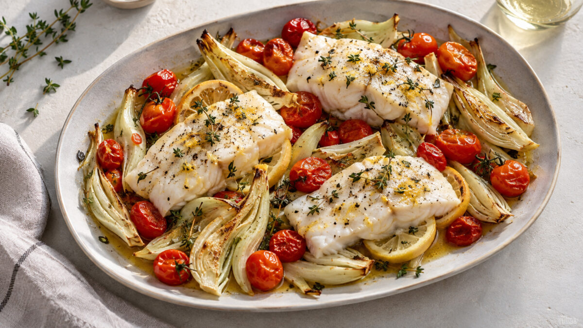 Zitronen-Kabeljaustücke vom Blech mit Fenchel und Kirschtomaten