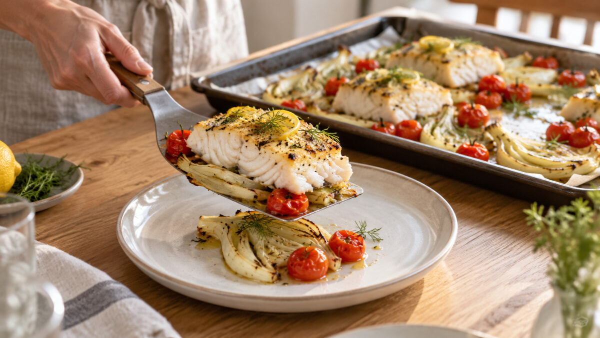 Zitronen-Kabeljaustücke vom Blech mit Fenchel und Kirschtomaten