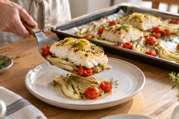 Zitronen-Kabeljaustücke vom Blech mit Fenchel und Kirschtomaten