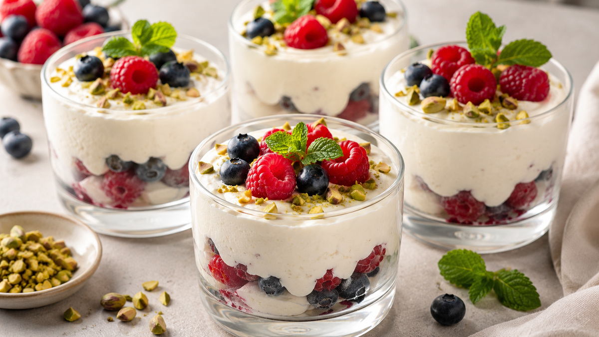 Hauptansicht des fertigen Gerichts. Rezept: Zitronen-Kokos-Creme mit Beeren und Pistazien
