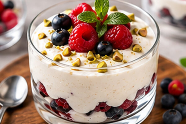 Fertiges Gericht aus einer alternativen Perspektive. Rezept: Zitronen-Kokos-Creme mit Beeren und Pistazien