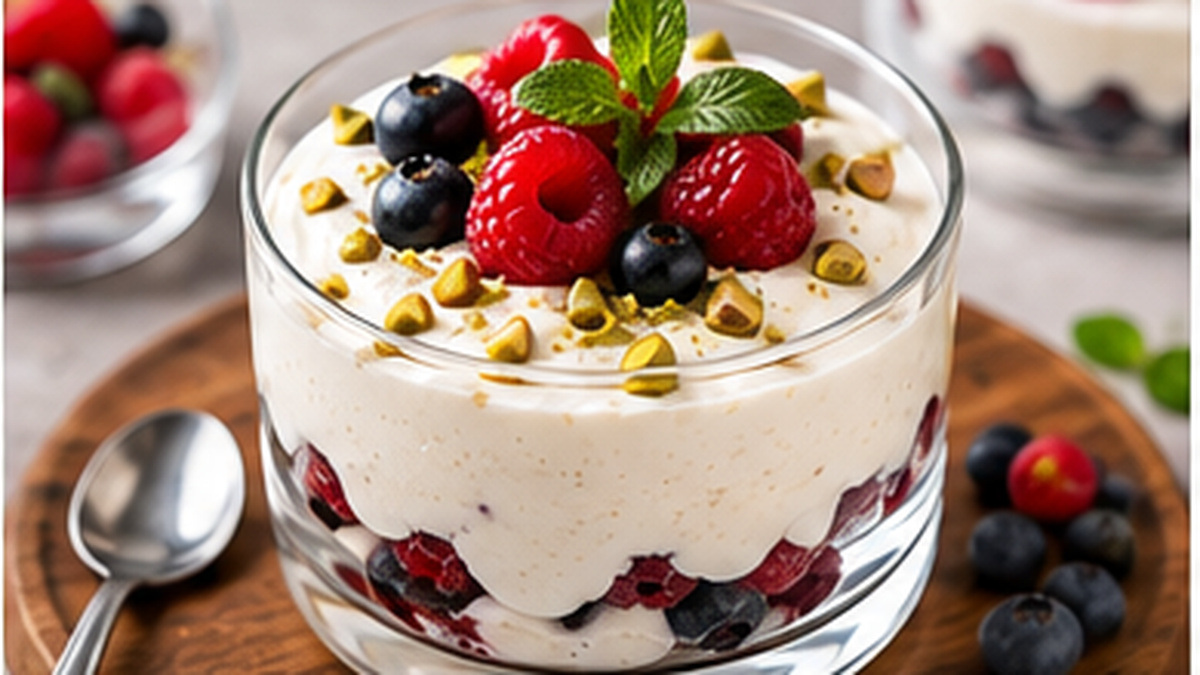 Fertiges Gericht aus einer alternativen Perspektive. Rezept: Zitronen-Kokos-Creme mit Beeren und Pistazien