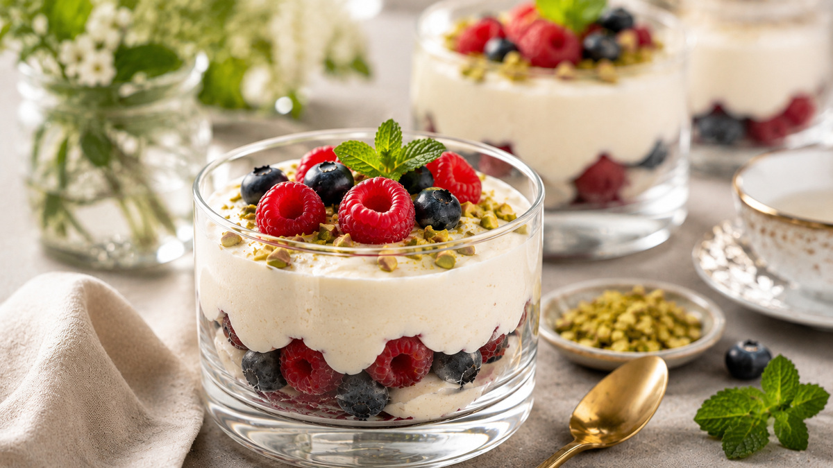 Servierszene mit dem fertigen Gericht. Rezept: Zitronen-Kokos-Creme mit Beeren und Pistazien