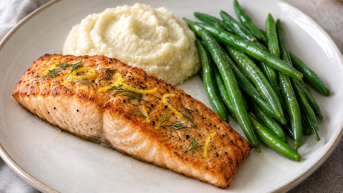 Zitronen-Lachsfilet mit Blumenkohlpüree und grünen Bohnen