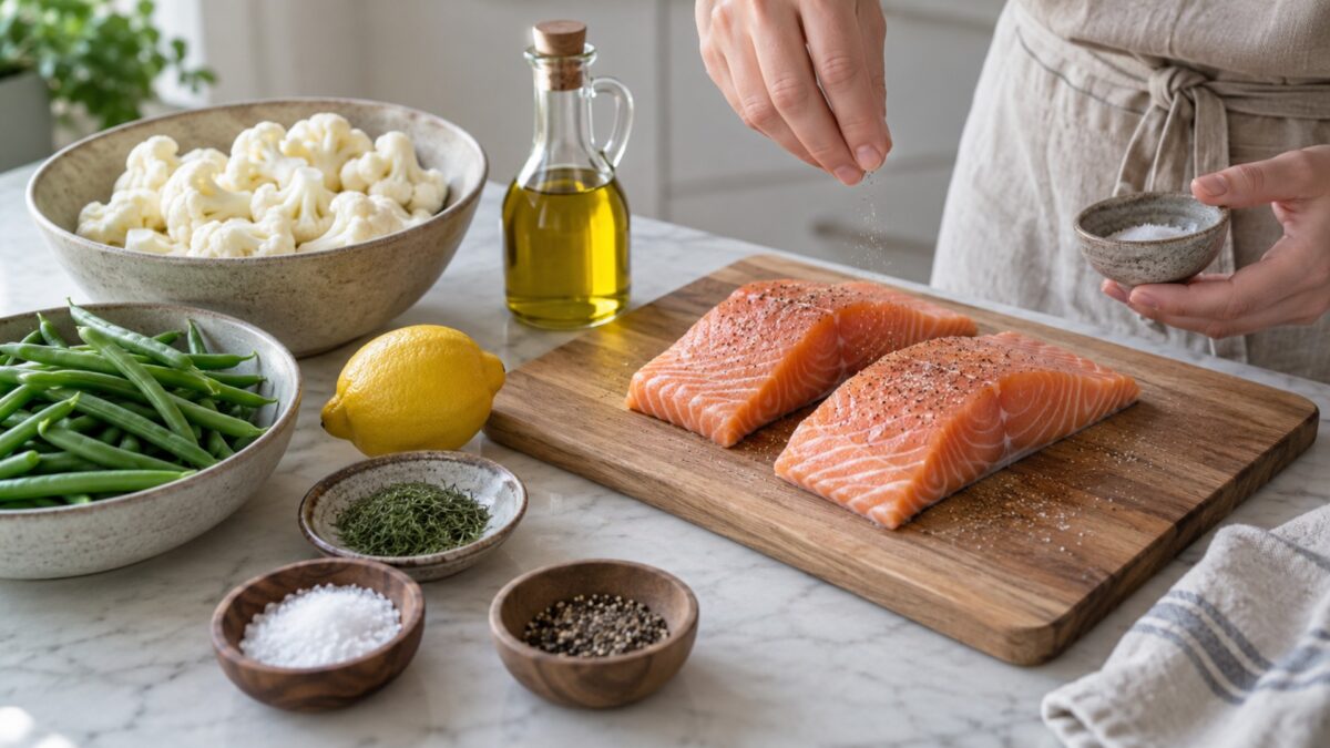 Zitronen-Lachsfilet mit Blumenkohlpüree und grünen Bohnen