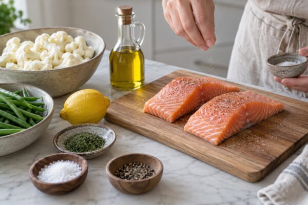 Zitronen-Lachsfilet mit Blumenkohlpüree und grünen Bohnen