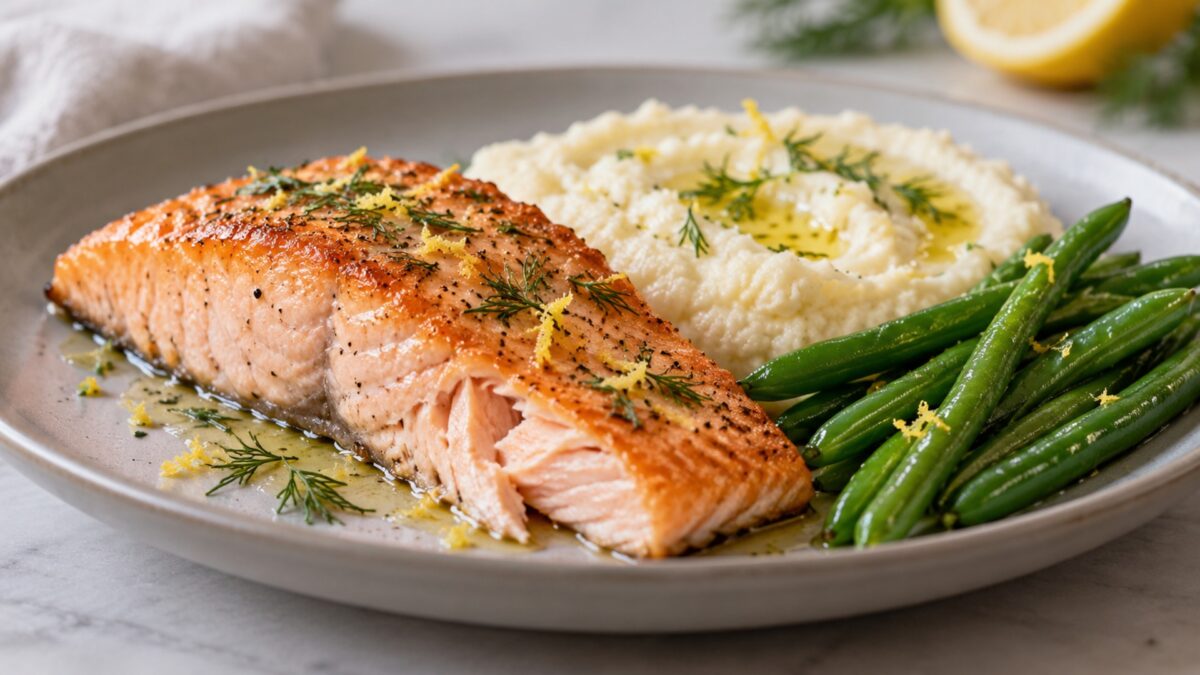 Zitronen-Lachsfilet mit Blumenkohlpüree und grünen Bohnen