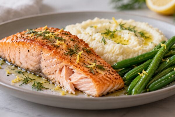 Zitronen-Lachsfilet mit Blumenkohlpüree und grünen Bohnen