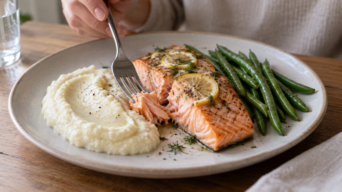 Zitronen-Lachsfilet mit Blumenkohlpüree und grünen Bohnen