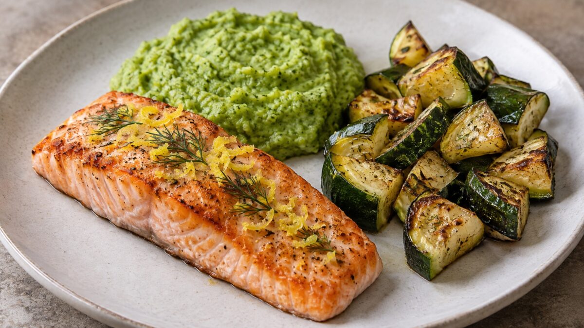 Zitronen-Lachsfilet mit Brokkolicreme und Ofenzucchini