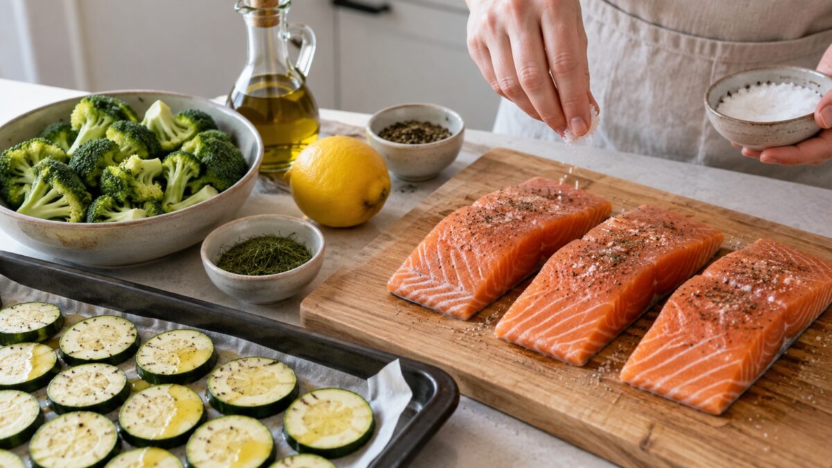 Zitronen-Lachsfilet mit Brokkolicreme und Ofenzucchini