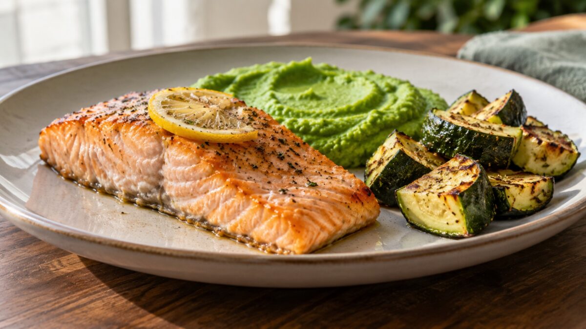 Zitronen-Lachsfilet mit Brokkolicreme und Ofenzucchini