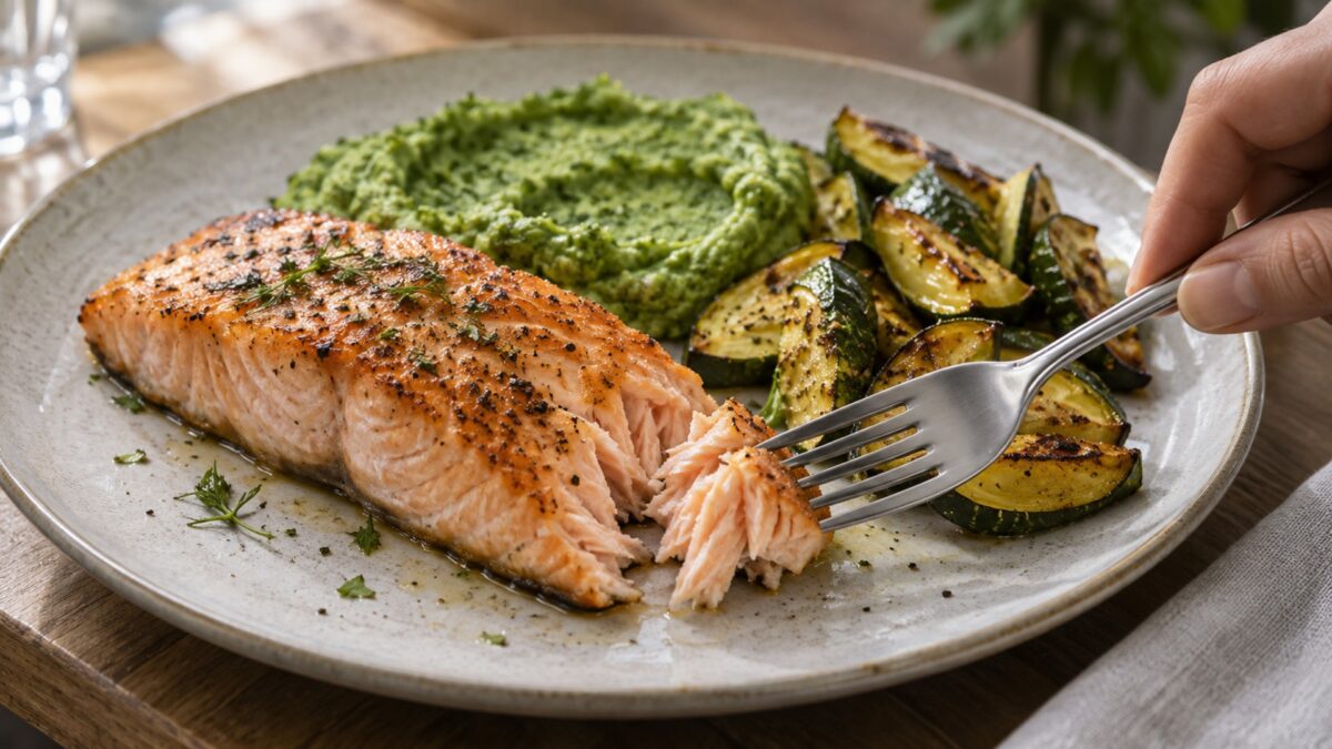 Zitronen-Lachsfilet mit Brokkolicreme und Ofenzucchini