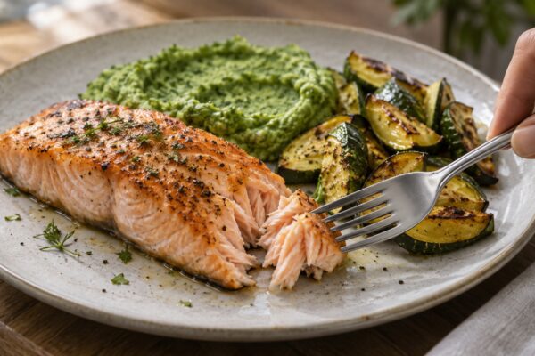 Zitronen-Lachsfilet mit Brokkolicreme und Ofenzucchini