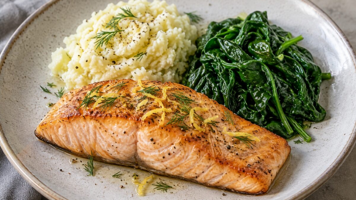 Zitronen-Lachsfilet mit Kohlrabistampf und Blattspinat