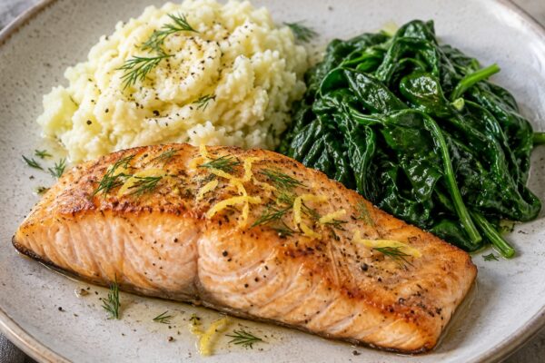 Zitronen-Lachsfilet mit Kohlrabistampf und Blattspinat