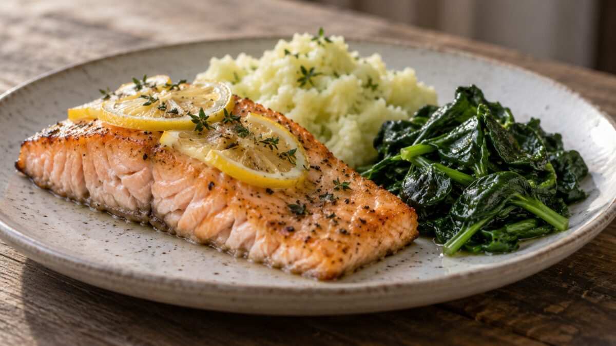 Zitronen-Lachsfilet mit Kohlrabistampf und Blattspinat