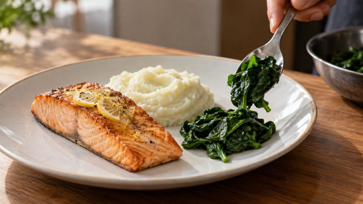 Zitronen-Lachsfilet mit Kohlrabistampf und Blattspinat