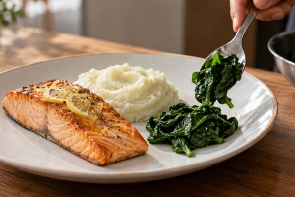 Zitronen-Lachsfilet mit Kohlrabistampf und Blattspinat