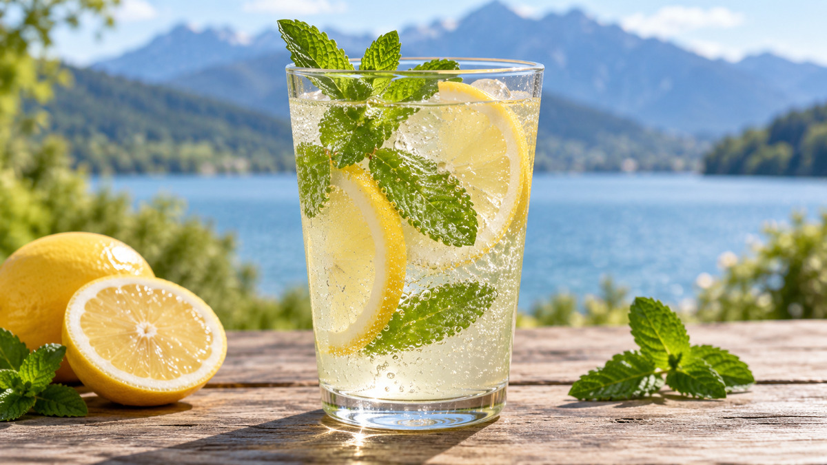 Zitronen-Minz-Limonade: Fertiges Getränk als zentrales Hauptmotiv.