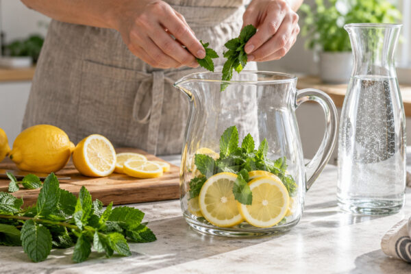 Zitronen-Minz-Limonade: Verwendete Zutaten und nachvollziehbare Vorbereitung.