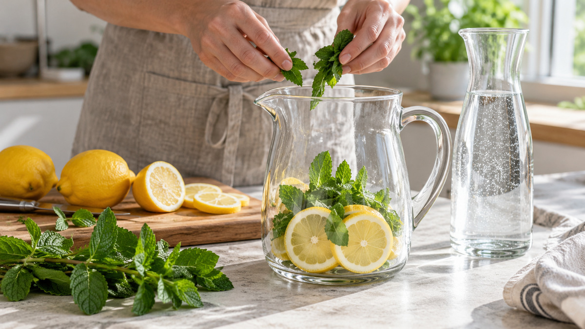 Zitronen-Minz-Limonade: Verwendete Zutaten und nachvollziehbare Vorbereitung.