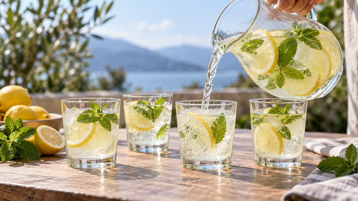 Zitronen-Minz-Limonade: Alternative Anrichtung oder aktive Servierszene.