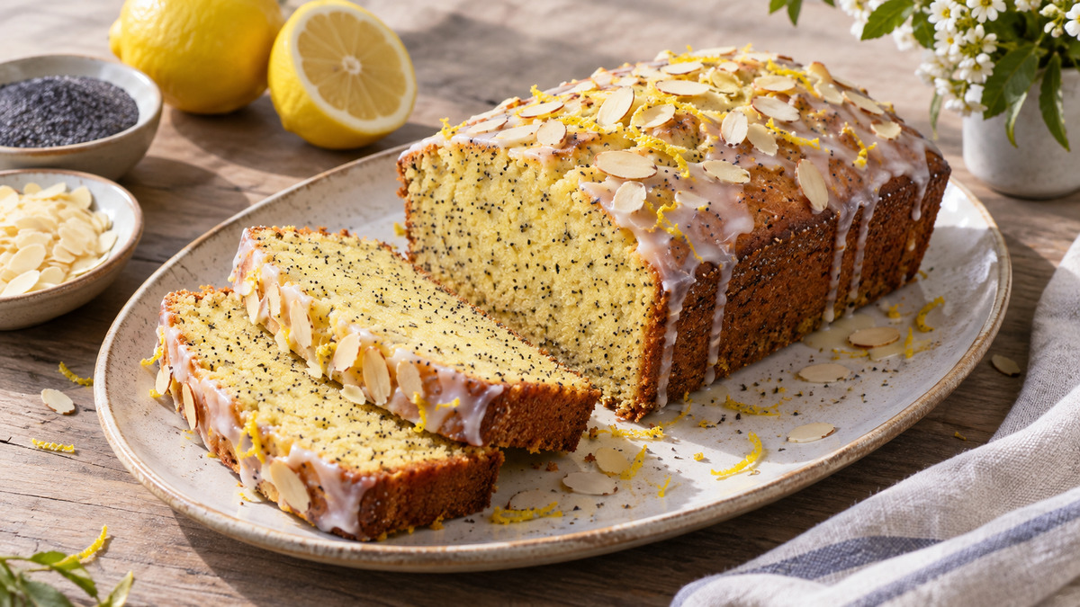 Zitronen-Mohn-Kuchen mit Mandeln: Fertiges Gericht als zentrales Hauptmotiv.