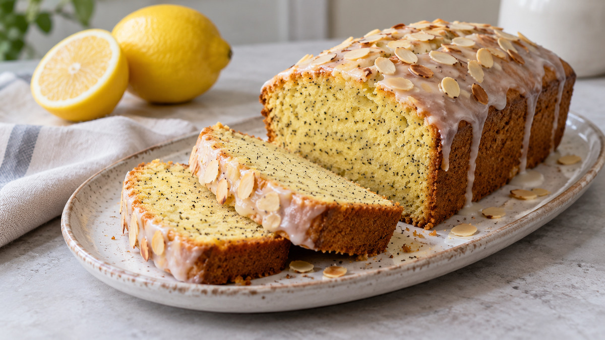 Zitronen-Mohn-Kuchen mit Mandeln: Fertiges Gericht aus einer alternativen Perspektive.