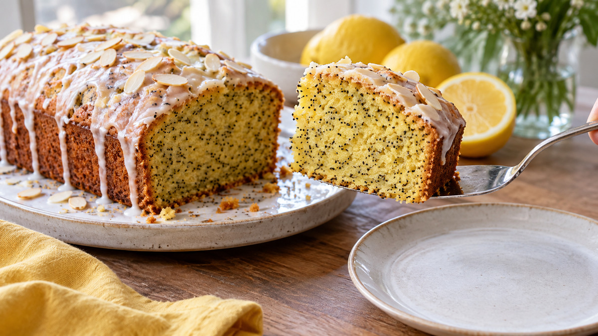 Zitronen-Mohn-Kuchen mit Mandeln: Alternative Anrichtung oder aktive Servierszene.