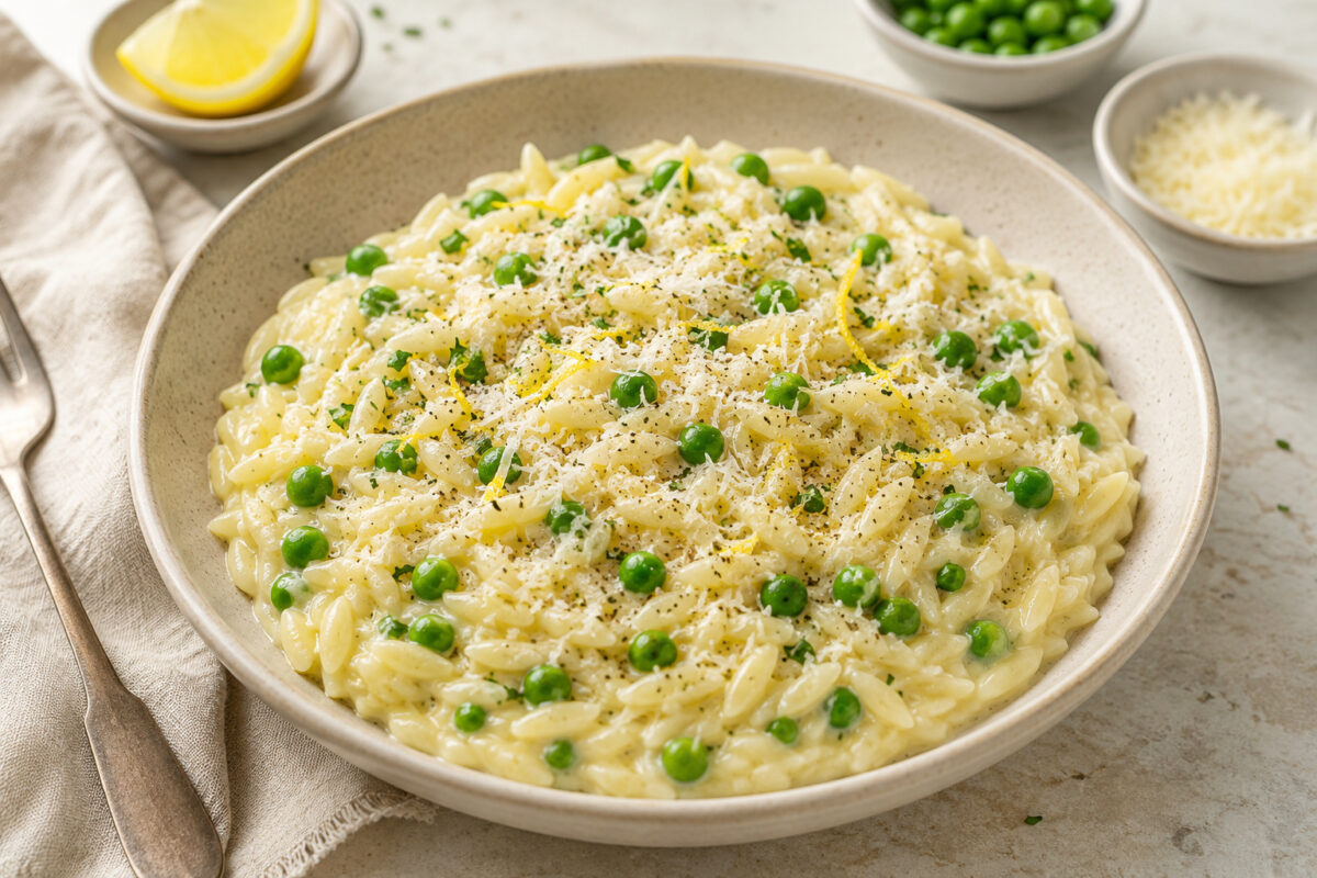 Cremiger Zitronen-Orzo mit grünen Erbsen, Parmesan, Zitronenabrieb und Petersilie in einer flachen beigen Keramikschale.
