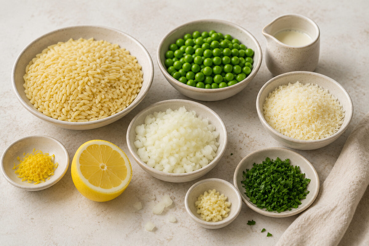 Zutaten- und Vorbereitungsansicht mit Orzo, Erbsen, Parmesan, Zitrone, Zwiebel, Knoblauch, Petersilie und Sahne auf hellem Steinuntergrund.