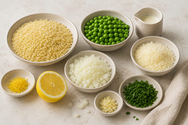 Zutaten- und Vorbereitungsansicht mit Orzo, Erbsen, Parmesan, Zitrone, Zwiebel, Knoblauch, Petersilie und Sahne auf hellem Steinuntergrund.