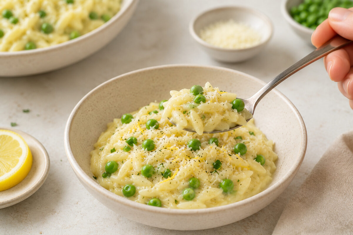 Servierszene mit einem Löffel cremigem Zitronen-Orzo, Erbsen und Parmesan als Detailaufnahme.