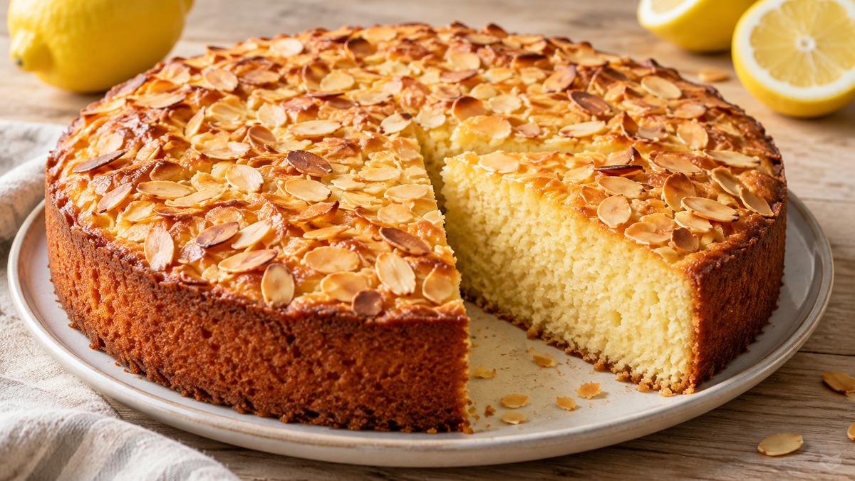 Zitronen-Ricotta-Kuchen mit Mandeln: Fertiges Gericht als Hauptmotiv.