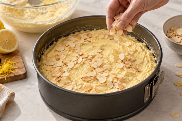 Zitronen-Ricotta-Kuchen mit Mandeln: Zutaten und realer Vorbereitungsschritt.