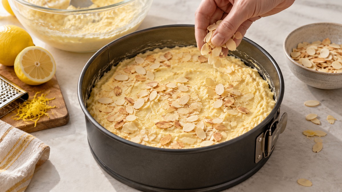 Zitronen-Ricotta-Kuchen mit Mandeln: Zutaten und realer Vorbereitungsschritt.